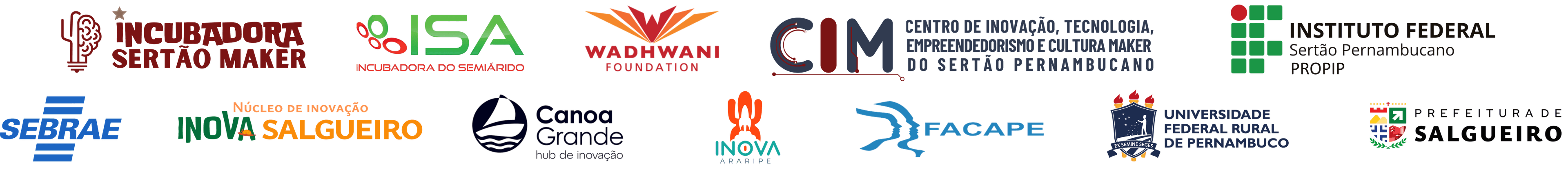 Instituições parceiras: Incubadora Sertão Maker, ISA, Wadhwani Foundation, CIM, IFSertãoPE, SEBRAE, Inova Salgueiro, Canoa Grande, Inova Araripe, FACAPE, UFRPE e Prefeitura de Salgueiro